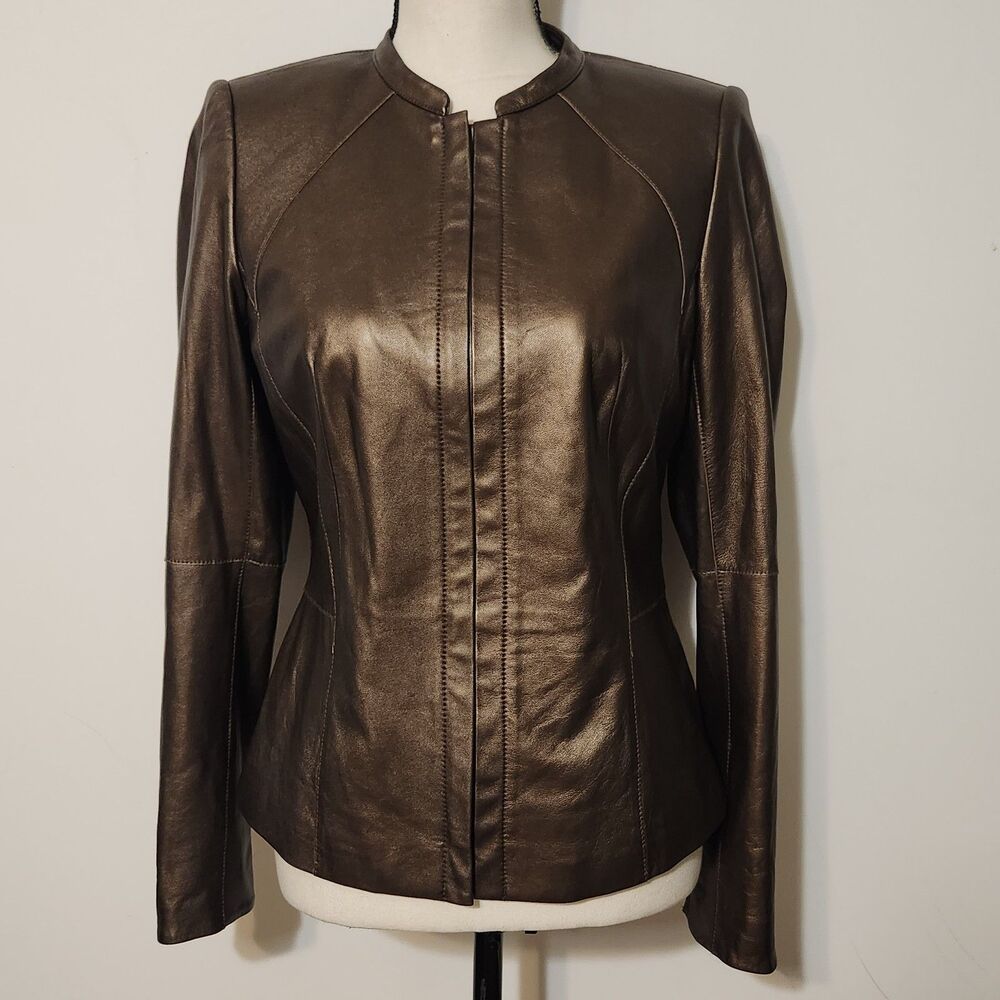 Lafayette 148 Bronze Soft Leather Biker Jacket moto fitted SZ 6